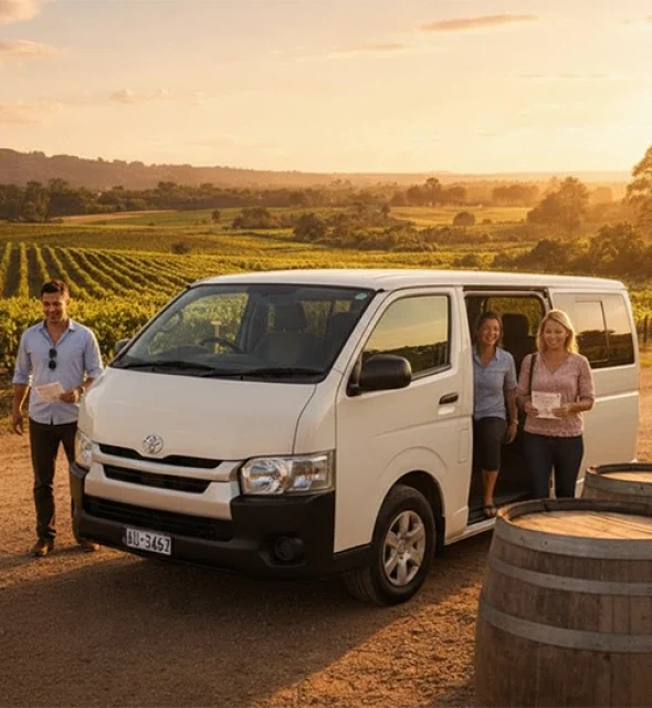 Perth Mini Charter van at a Swan Valley winery for a private wine tour in Western Australia